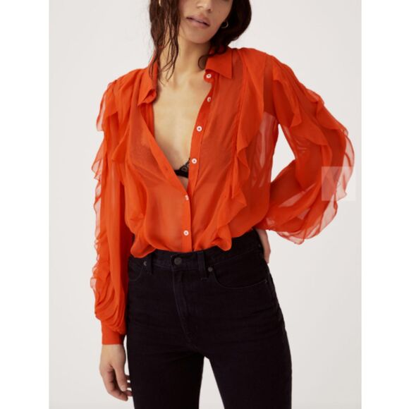 Maeve Women's Size M Orange Ruffled Button Down Blouse EUC - Picture 1 of 10